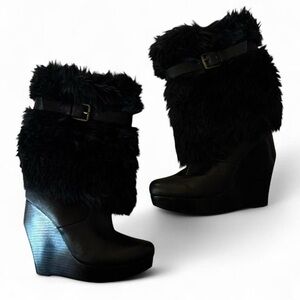 bebe Black Faux Fur Wedge Booties